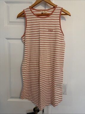 Roxy Sleeveless Striped Tank Dress in Coral and White